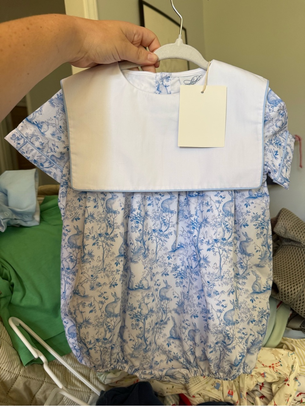 Little Bear Smocks NWT Blue & White Easter Toile Bubble Romper with Blank Bib